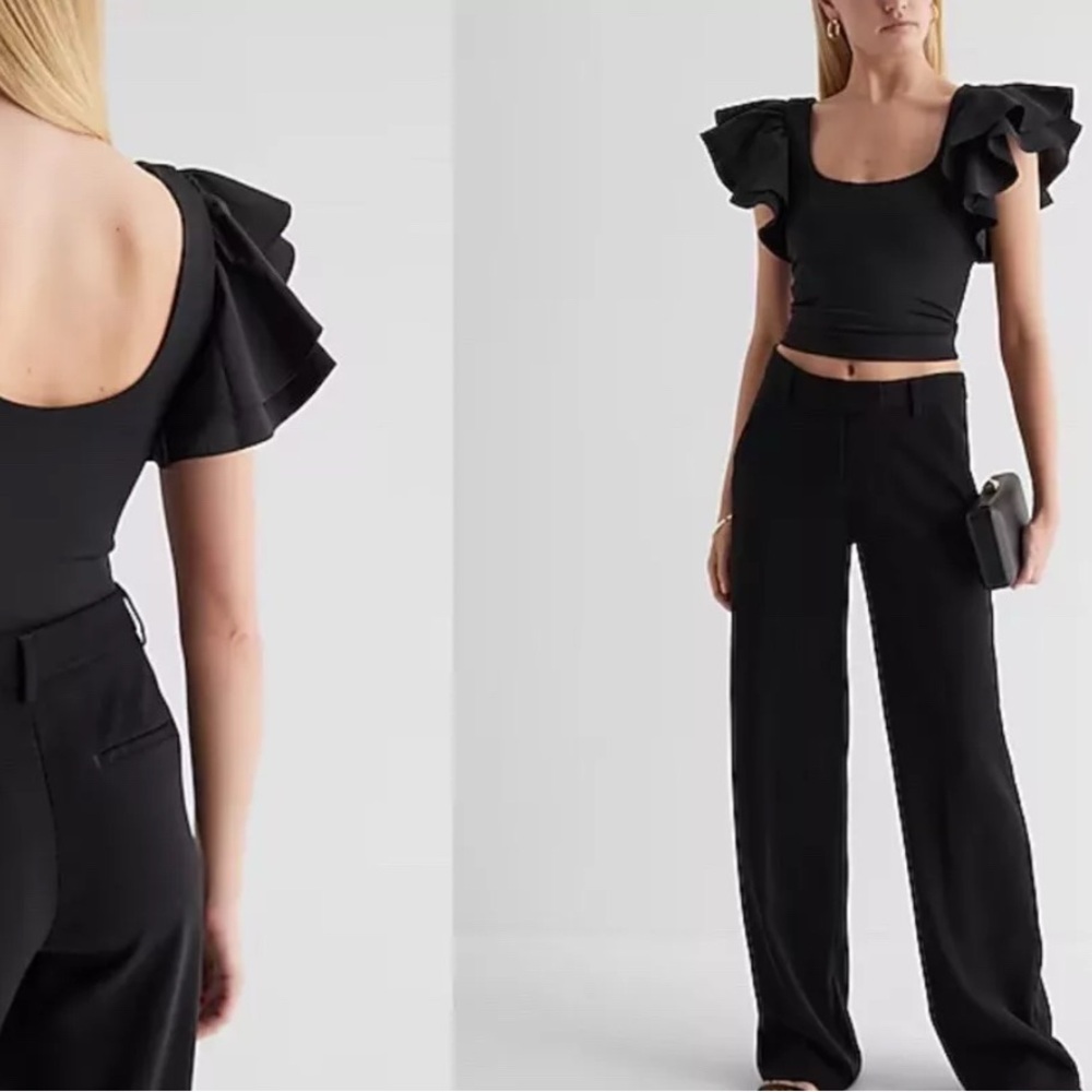 Express Body Contour Elegant Black Ruffle Sleeve Crop Top